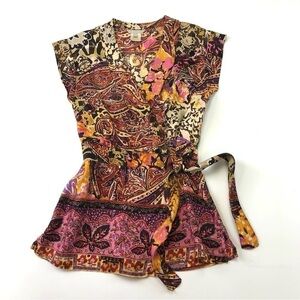 Pink Tartan silk wrap blouse in rich shades print XS Boho Maximalist